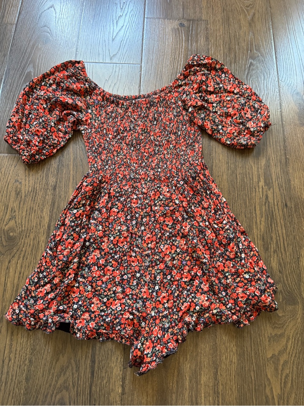 Blue Rain Red Floral Smocked Puff-Sleeve Dress